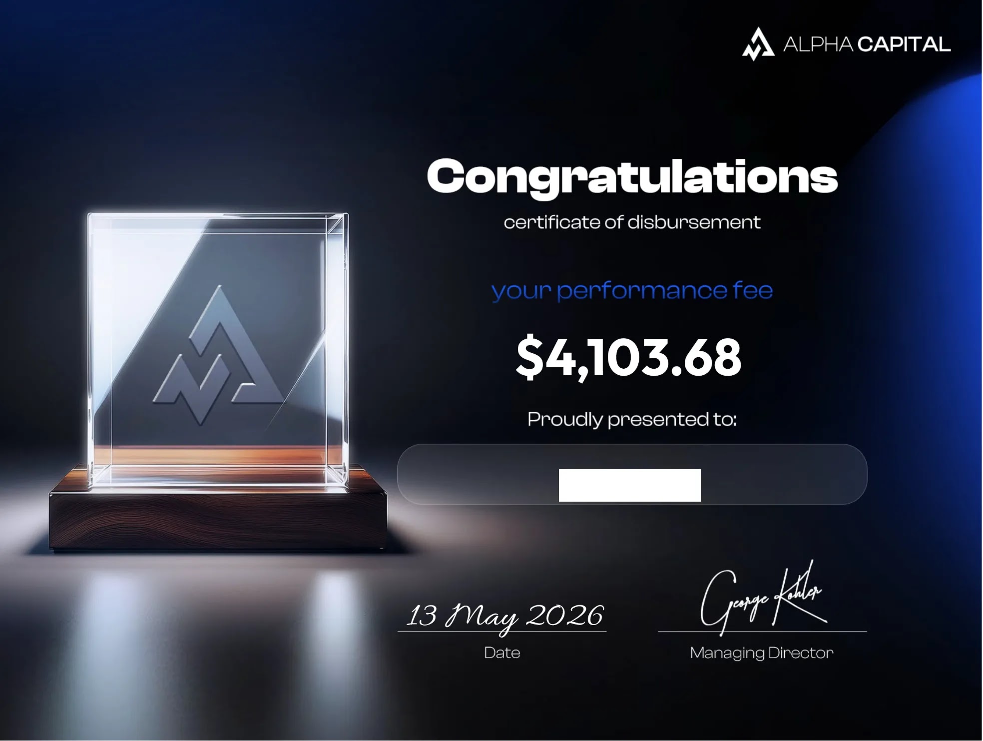 Verified withdrawal confirmation from a VOLCODE-operated funded account