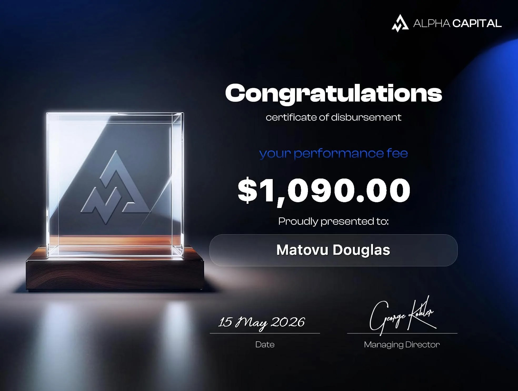 Verified withdrawal confirmation from a VOLCODE-operated funded account