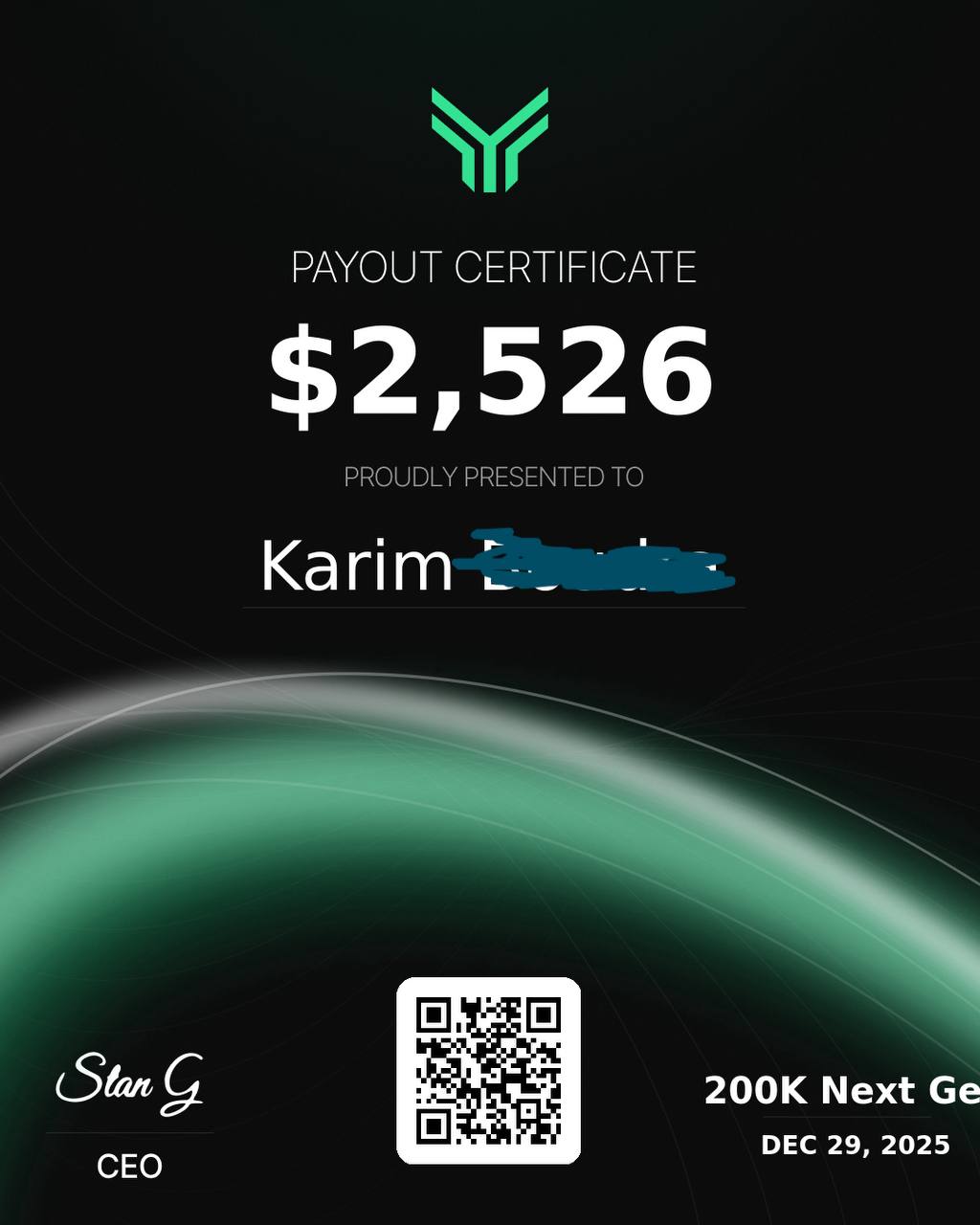 Verified withdrawal confirmation from a VOLCODE-operated funded account