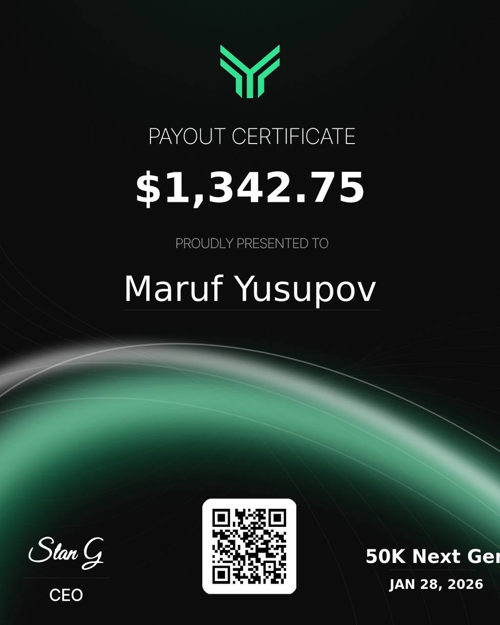 Verified withdrawal confirmation from a VOLCODE-operated funded account